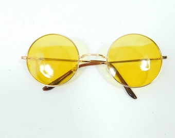 Vintage 00s Yellow Gold Tinted Big Round Metal Frame Spectacle Fashion Oversized Standard Costume Sunglasses Lens Glasses Eyewear