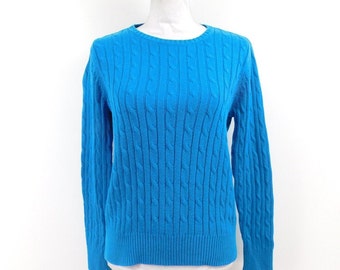 Vintage 80s St. John's Bay Turquoise Blue Cable Knitted Ribbed Vertical Striped Minimal Crewneck Long Sleeve Sweater Top Sz Large