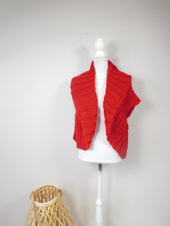 Vintage 90s Bright Red Crocheted Knitted Ribbed S… - image 2