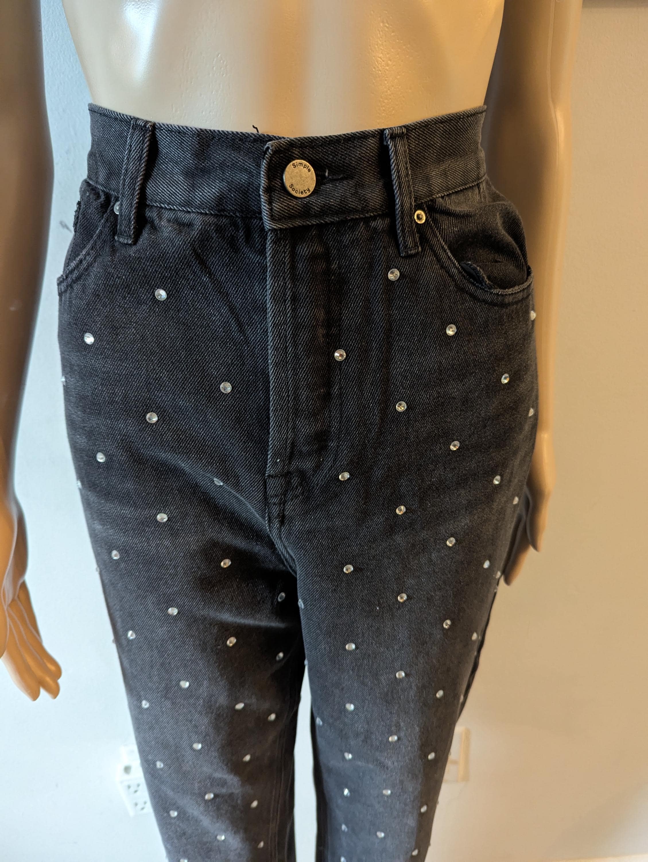 Vintage 00s Black Silver Gem Diamond Beaded Front Faded Cotton 