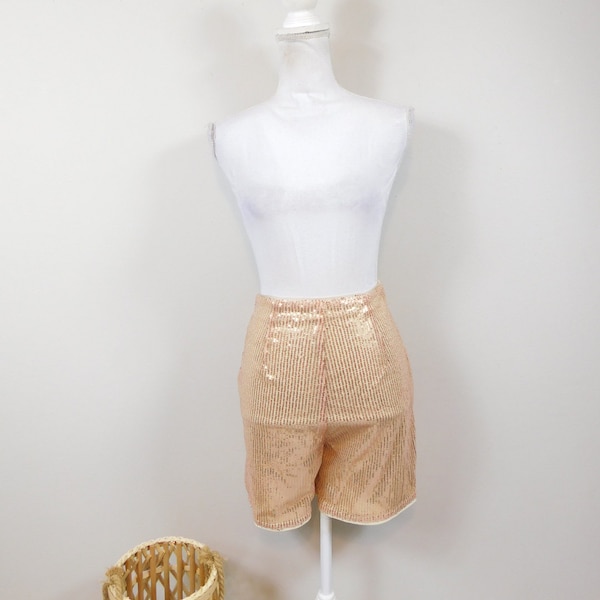 Vintage 00s Rose Gold Sequin Beaded Glitter Shiny Sparkle Polyester High Rise Stretch Hot Biker Long Shorts Pants Sz Large