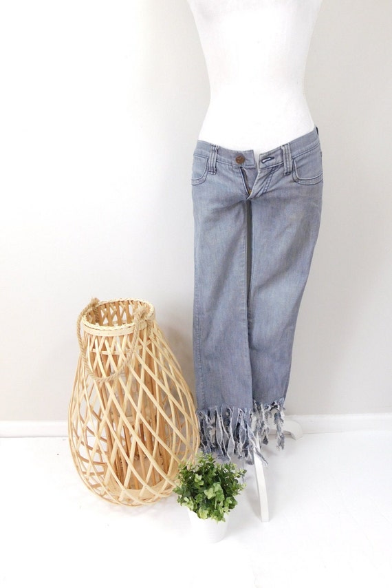 Vintage 90s Handmade Dark Blue Wash Fringe Hem St… - image 1