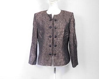 Vintage 80s Leslie Fay Dresses Dark Brown Snakeskin Animal Print Shiny Button Up Long Sleeve Jacket Outerwear Coat Sz 10 Medium