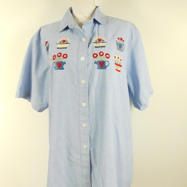 Vintage Mystic Blues Embroidered Flower Pot Print Denim Jean Button Down Collared Short Sleeve Shirt Top Sz 20W/2X Plus Size