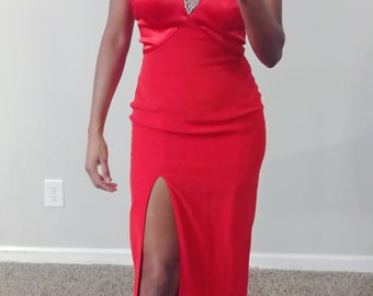 Vintage 90s Red Iridescent Beaded Strap Satin Trim VNeck Formal High Split Cocktail Long Sleeveless Prom Dress Gown Sz Small