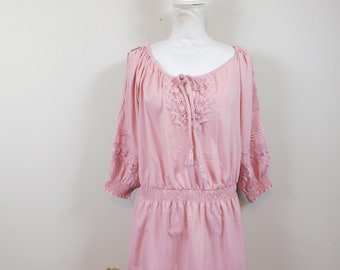 Vintage 1990s Light Pink Lace Crochet Embroidered Trim Keyhole Tie Elastic Waist Short Sleeve Mini Tunic Dress Top Sz Large