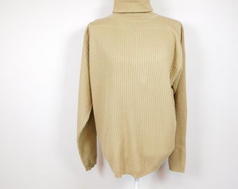 Vintage 80s Tan Brown Cable Knitted Thick Roll Down Ribbed Boxy Fall Minimal Turtleneck Long Sleeve Sweater Sz 16/XL Plus Size