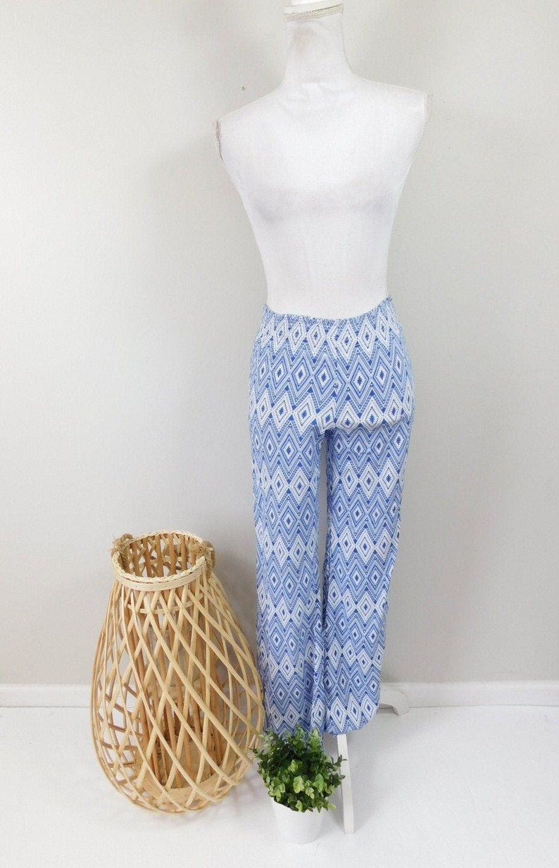 Vintage 90s White Royal Blue Tribal Chevron Aztec Print Wide Leg Stretch High Elastic Waisted Viscose Pants Bell Bottoms Sz XS image 1