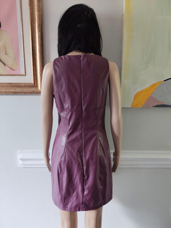 purple faux leather dress Vintage 00s Dark Crewneck Stretch Sleeveless Hourglass Minimal Tank Knee Length Pencil Gown Sz Medium global-style-Meadow