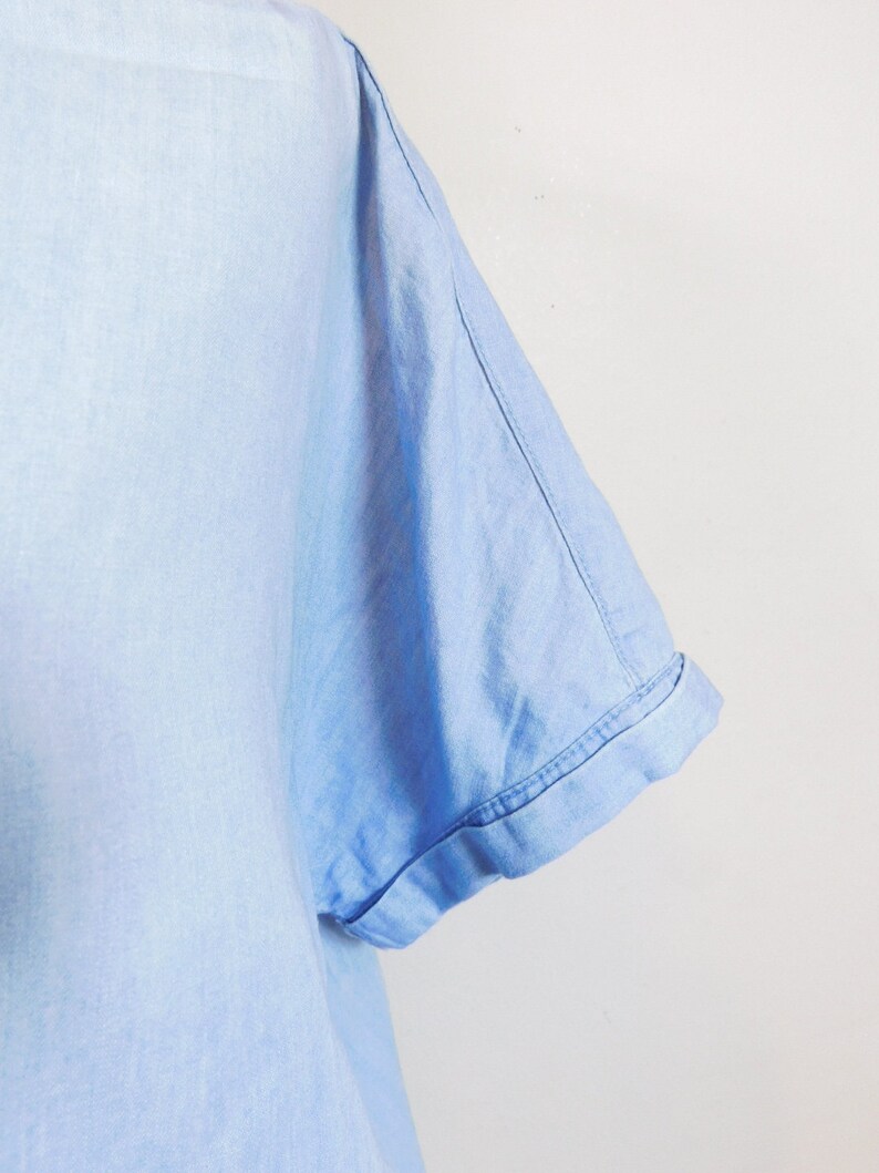 50/% OFF SPRING SALE Vintage 90s Light Blue Wash Denim Jean White Button Down Short Sleeve Collared Oxford Shirt Top Blouse Sz Xl Plus Size