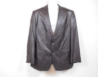 Vintage 80s Calvin Klein Dark Brown Faux Leather Button Up Polyester Evening Long Sleeve Blazer Jacket Sports Suit Coat 43R Sz Large