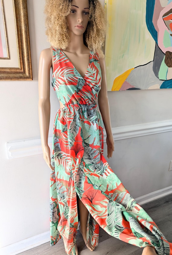 Vintage 00s Coral Green Floral Flower Leaf Print Double Split Elastic Waist  Tank Top Sleeveless Long Maxi Dress Sz XL Plus Size - Etsy