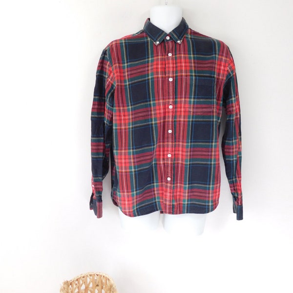 Mens Vintage 90s Red Black Tartan Plaid Print Cotton Slim Fit Button Up Collared Chest Pocket Long Sleeve Shirt Sz Medium