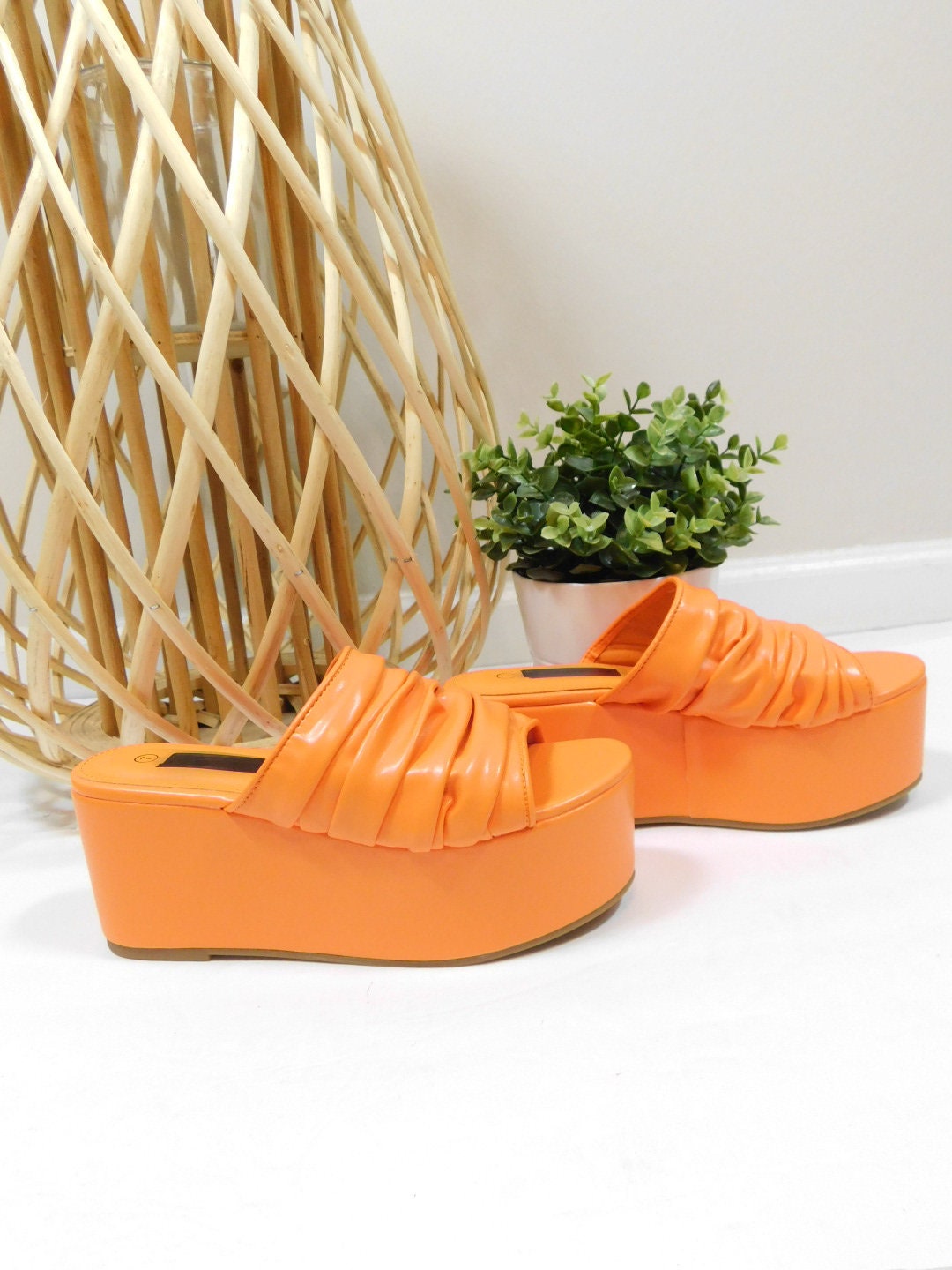Vintage 1990s Bright Orange Chunky Platform Faux Leather Thick Open Toe Ruched Shoes High Heels Sandals 6 6.5 7 7.5 Etsy UK