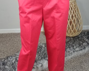 Vintage 80s Koret Francisca Bright Red High Elastic Waist Pockets Minimal Boot Cut Leg Pants Slacks Trousers Bottoms Sz 10 Medium