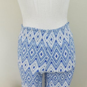 Vintage 90s White Royal Blue Tribal Chevron Aztec Print Wide Leg Stretch High Elastic Waisted Viscose Pants Bell Bottoms Sz XS image 2