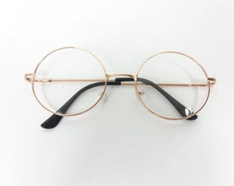 Vintage 00s Round Spectacle Gold Clear Transparent Big Metal Frame Classic Standard Plastic Fashion Costume Sunglasses Lens Glasses