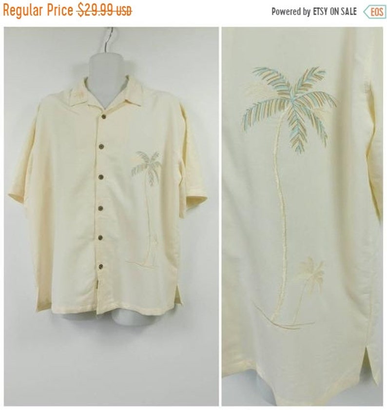 60/% BIG XMAS SALE Mens Vintage Joe Marlin Ivory Palm Tree Embroidered Print Brown Wood Button Up Collared Short Sleeve Shirt Xxl Big /& Tall