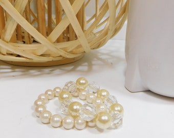 Vintage 90s Faux Pearl Beaded Clear Acrylic 2 Stackable Clear Round Formal Stretch Bracelet Costume Jewelry Fashion Accessory