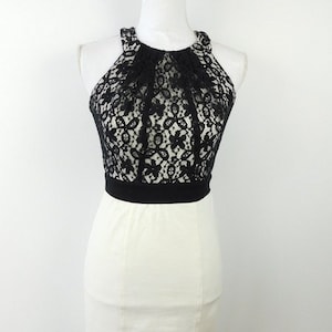 Vintage 90s XOXO White Black Floral Flower Print Lace Evening Elegant Bodycon Mini Short Formal Sleeveless Dress Gown 1/2 XS