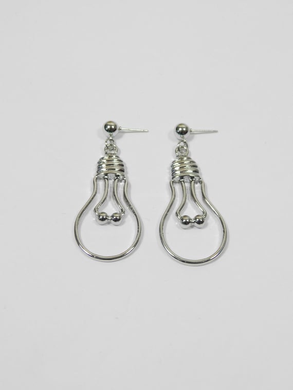 Vintage 00s Light Bulb Silver Hollow Cut Out Metal Party Statement Long Drop Alloy Hook Earrings Costume Jewelry Fashion Accessory