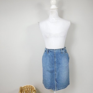 Vintage 90s GAP Jeans Dark Blue Wash Jean Side Button Back Split High Waisted Pencil Above Knee Minimal Denim Skirt Sz Medium