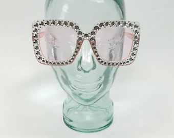 Vintage Pink Embellished Diamond Frame  Fashion Big Square Transparent Plastic Standard Sunglasses Lens Glasses Eyewear