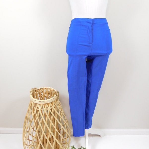 Vintage 00s Royal Blue Piping Front High Waist Suit Solid Stretch Skinny Slim Leg Cut Minimal Pants Trousers Slacks Bottoms Sz XS