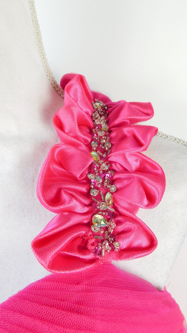 50/% OFF SPRING SALE Vintage 1990s Hot Pink Sequin Beaded Silver Sweetheart Cut Tutu Sheer Formal One Shoulder Prom Dress Gown Sz Small