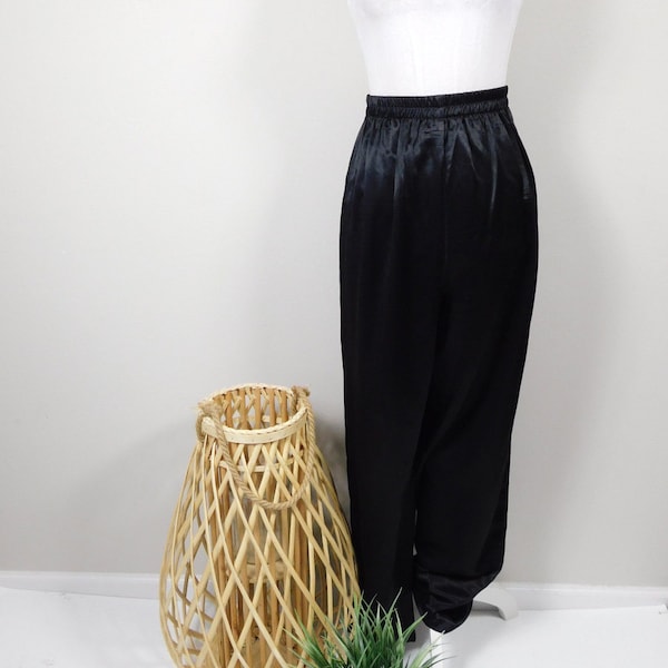 Vintage 90s R&M Richards Black Silky Shiny High Elastic Waist Minimal Boot Leg Formal Slacks Trousers Pants Sz 18/1X Plus Size Long