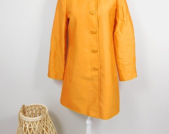 Vintage 90s Banana Republic Neon Orange Silk Blend Button Down Long Sleeve Collared Midi Trench Jacket Coat Outerwear Small