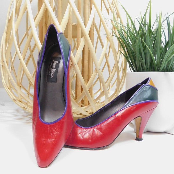 Vintage 90s Neiman Marcus Colorblock Print Real Leather Dark Red Colorful Pointy Closed Toe Low Pumps Heels Shoes Sz 6 Narrow