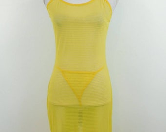 Vintage 00s Yellow Striped Print Sheer Lace Cotton Spaghetti Strap Tank Top Lingerie Dress Thong Set Sz Small/Medium/Large