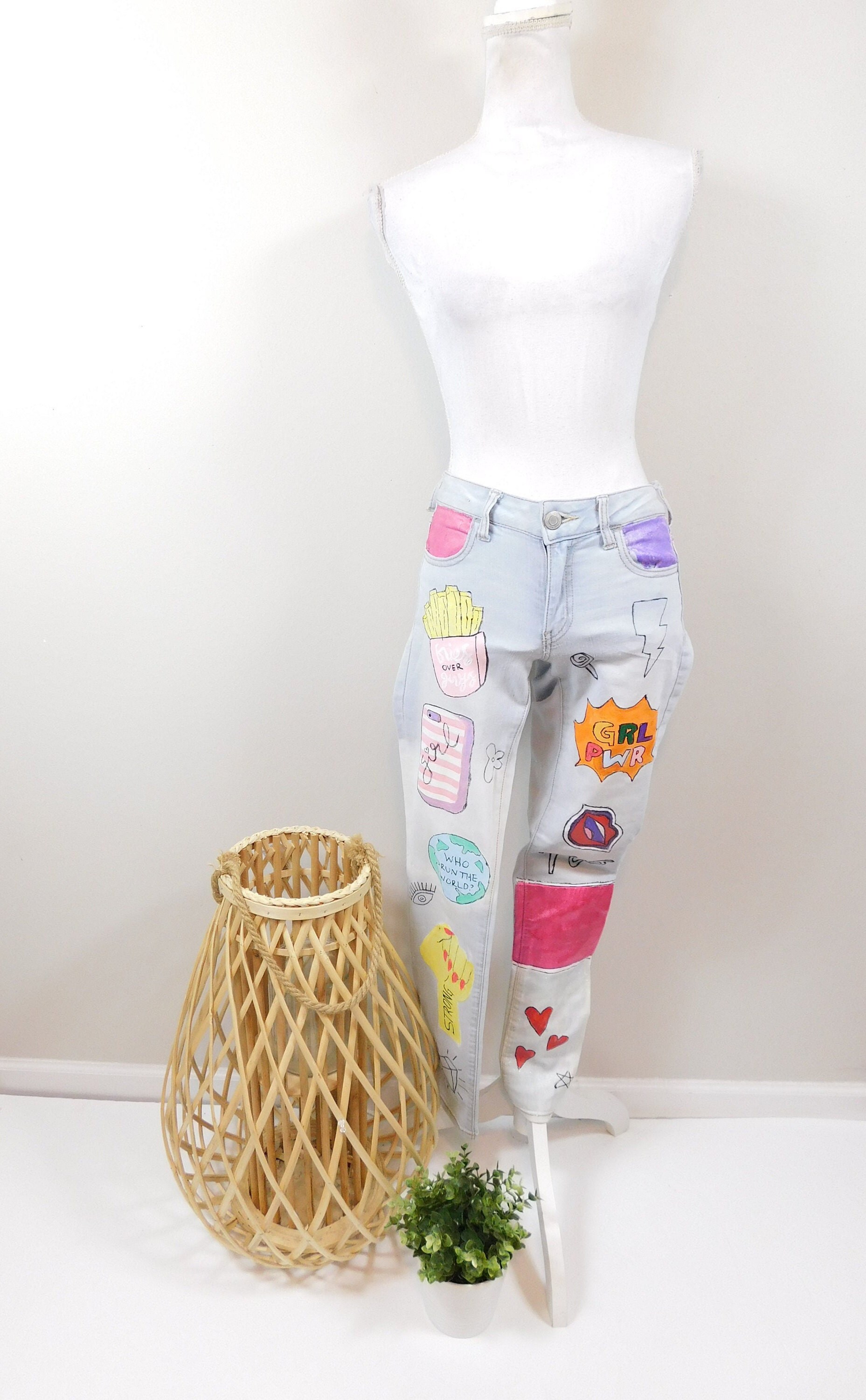 Vintage 00s Handmade Light Blue Colorful Painted Girl Power