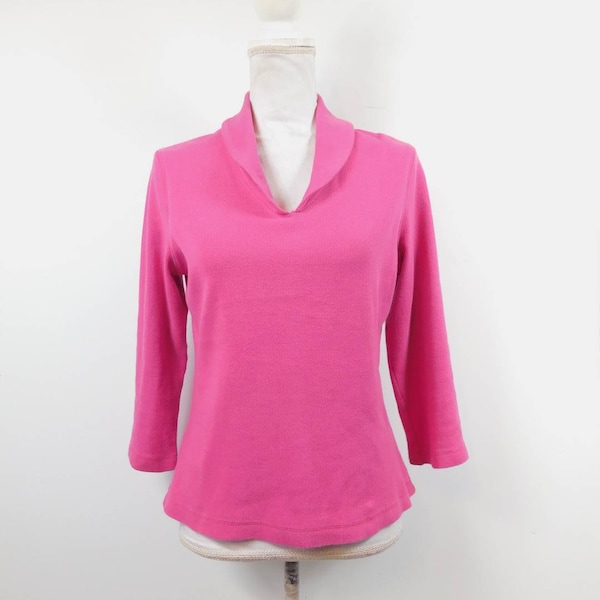 Vintage 80s Rafaella Hot Bright Pink Ribbed Collar Knitted V Neck Lightweight Minimal 3/4 Sleeve Sweater Top Sz Medium