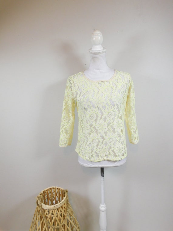 Vintage 90s Ivory Neon Green Lace Sheer Floral Fl… - image 1