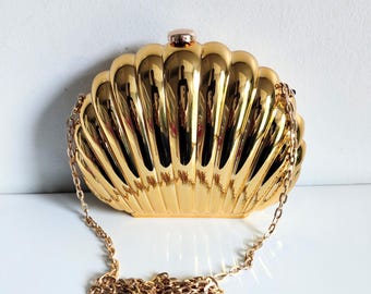 Borsa a tracolla grande, da sera, con tracolla lunga, in acrilico 3D, con chiusura a fibbia in metallo, stile vintage anni 2000, con conchiglia dorata lucida