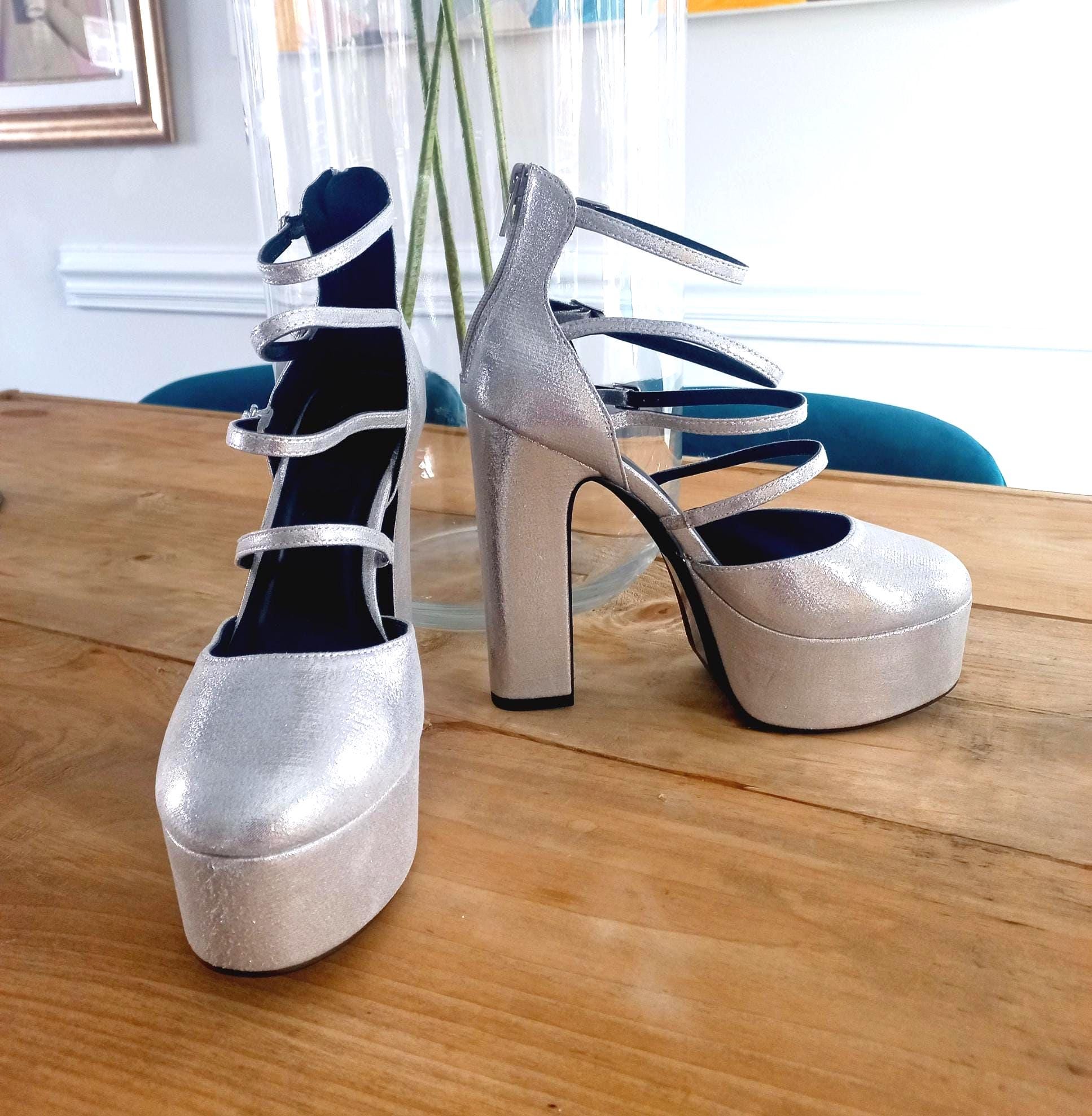 Vintage 00s Silver Metallic Strappy Belted Mary Jane Super High