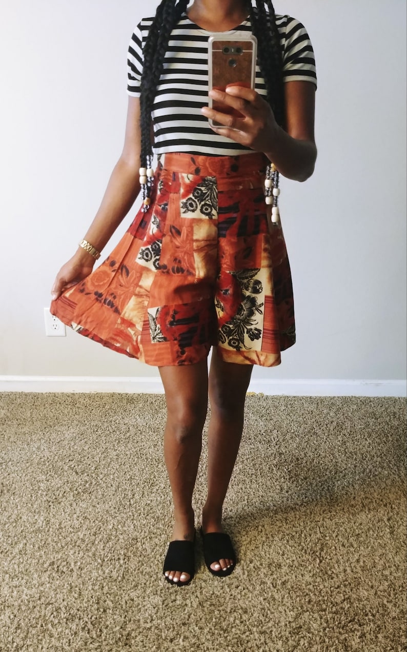 60/% BIG XMAS SALE Vintage 90s Marmie West Burgundy Tribal Geometric African Print Boho High Elastic Waist Summer Long Shorts Sz Medium