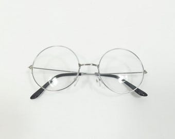 Vintage 00s Clear Silver Round Big Spectacle Transparent Metal Frame Lens Classic Standard Fashion Accessory Sunglasses Glasses