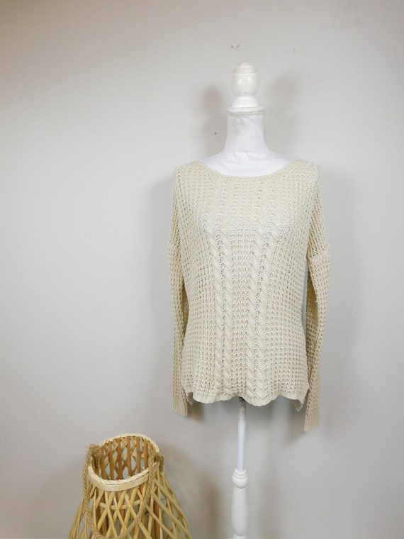 Vintage 90s Cream Cable Knitted Crocheted Open St… - image 1