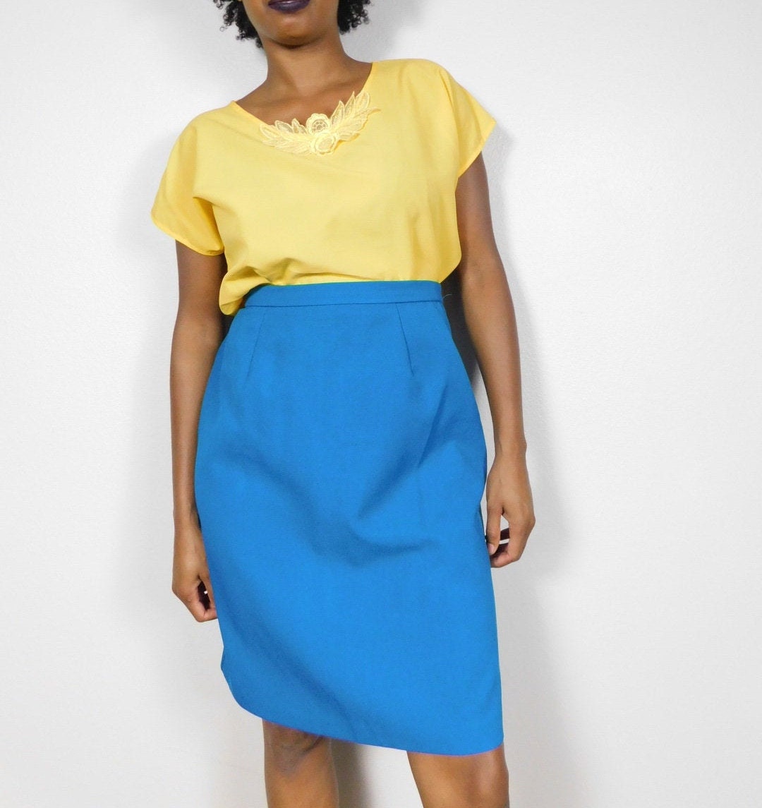 Vintage 80's Sarcelle Bleu Haute Taille Élastique Droit Crayon Bureau
