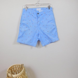 Mens Vintage 80s Saddlebred Periwinkle Blue Red American Flag Print Cotton 4th of July Summer Trouser Shorts Sz 30 Waist Medium