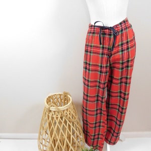 Vintage 90s Red Black Tartan Plaid Print Metallic Thread Elastic Waist Drawstring Tie Flannel Sleep Pajama Bottoms Pants Sz Small