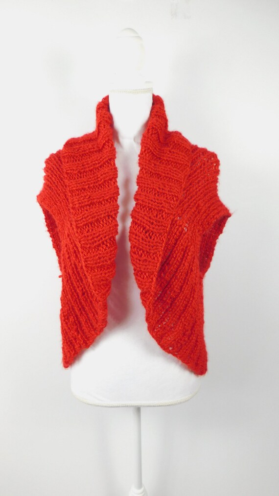 Vintage 90s Bright Red Crocheted Knitted Ribbed S… - image 4