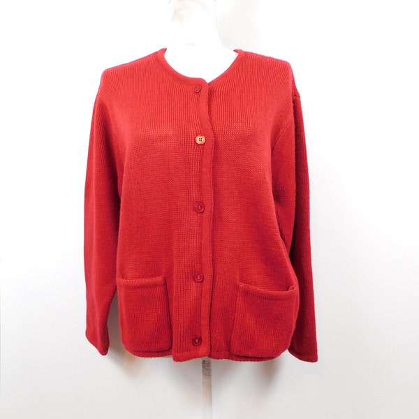 Vintage 80s Crystal Kobe Red Acrylic Button Down Pockets Thick Winter Solid Long Sleeve Cardigan Sweater Jacket Sz Large Petite