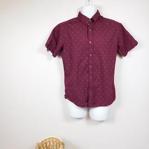 Mens Vintage 00s Burgundy Tan Geometric Triangle Print Cotton Retro Button Down Collared Short Sleeve Shirt Sz Small