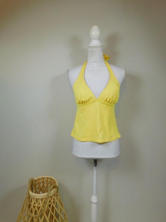 Vintage 80s Bright Yellow Halter Top Tankini Open… - image 1