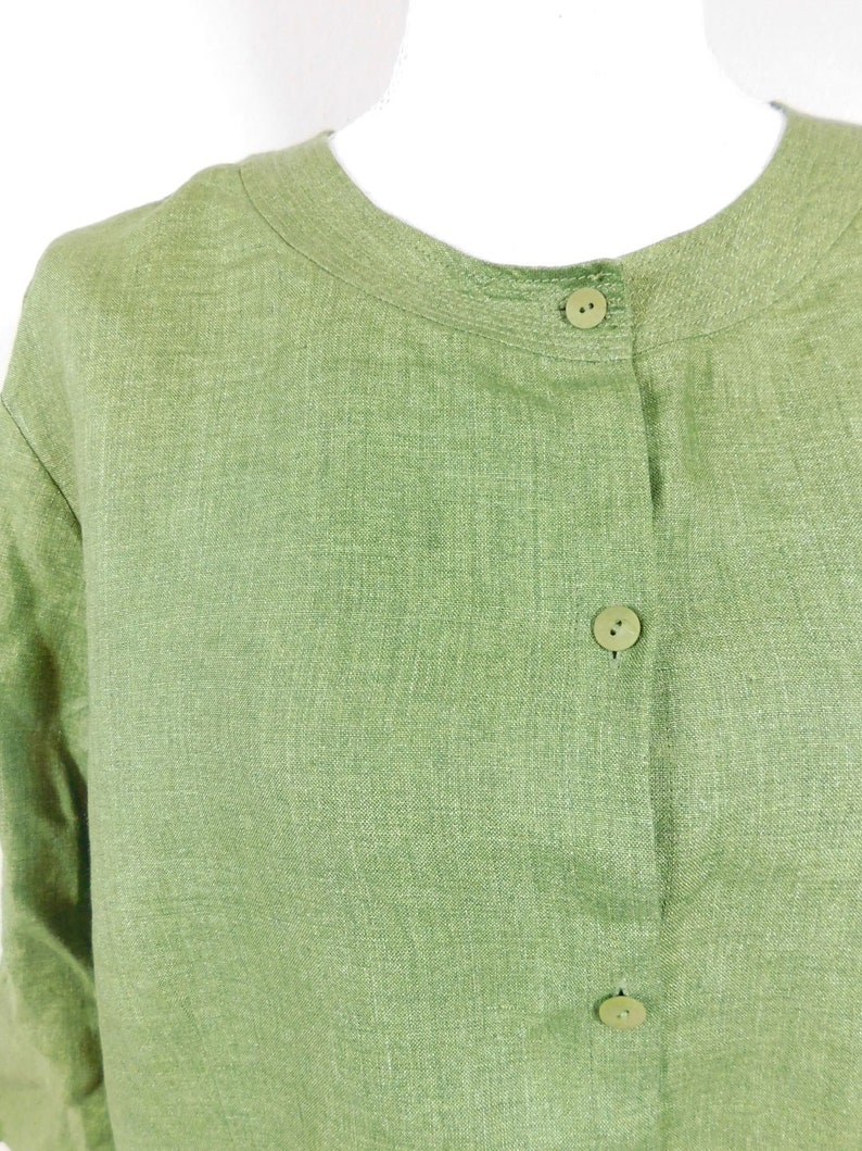 50/% OFF SPRING SALE Vintage Eileen Fisher Green Irish Linen Solid Button Down Collared Minimalist Long Sleeve Shirt Top Blouse Xl Plus Size