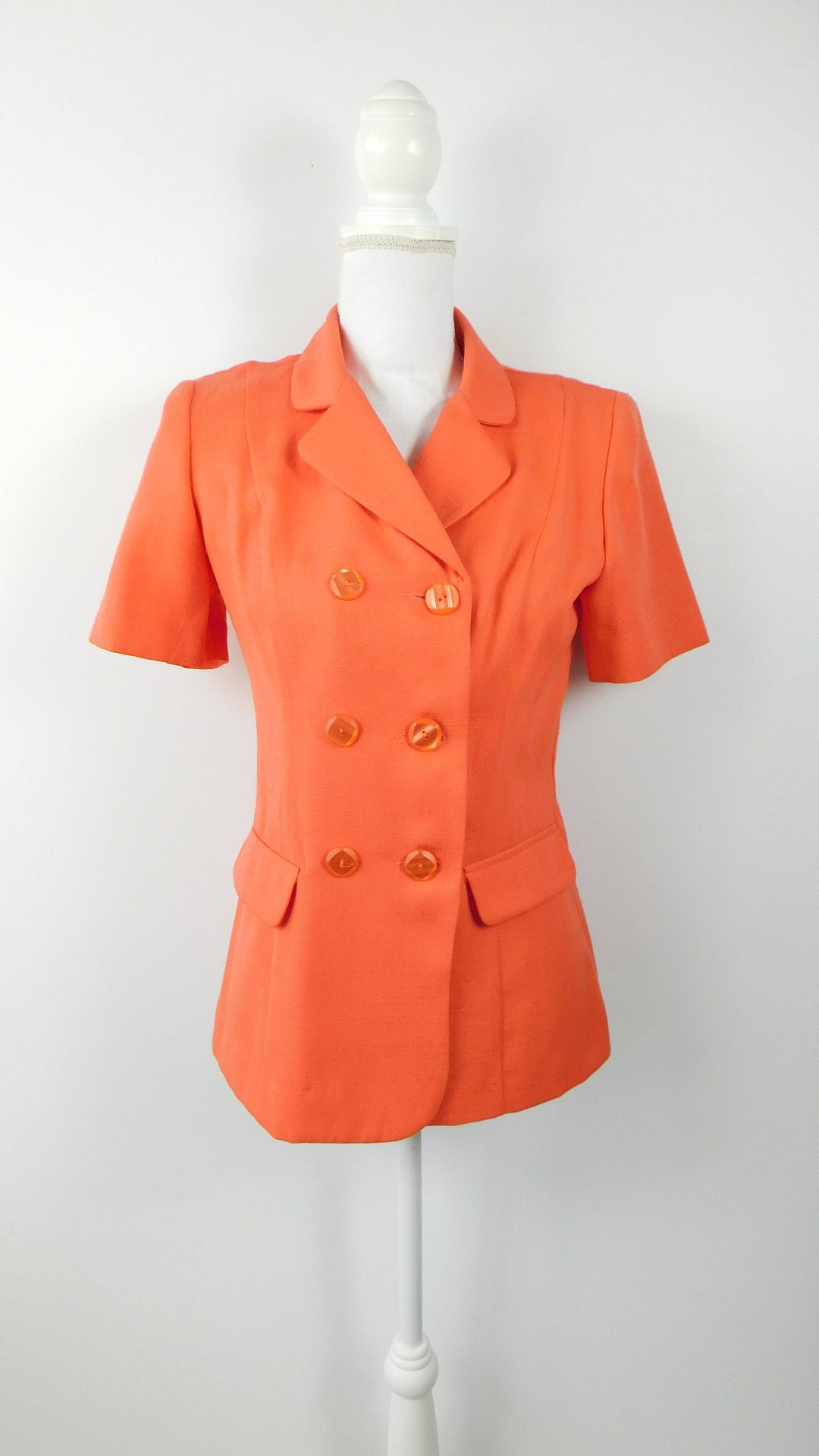 Vintage 80er Jahre Grundlegende Dinge Koralle Orange Zweireihige Knopfkragen Minimal Kurz Kurz Ärmel Blazer Jacke Mantel Sz Medium